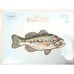 Wrights 2007 Bass Fish Fabric Patch Applique Iron-On Silver Tan NEW